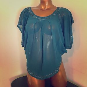 Hunter green sheer top with jewel rhinestone bling